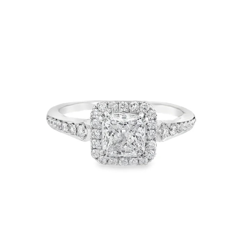 Custom engagement rings with engraving-14K White Princess Diamond 0.91Ct Halo Engagement Ring