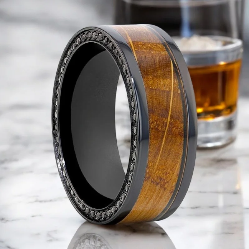 Elegant ladies rings for casual wear-BOURBON | Black Zirconium Ring, Whiskey Barrel Wood Inlay, Black Sapphires, Flat