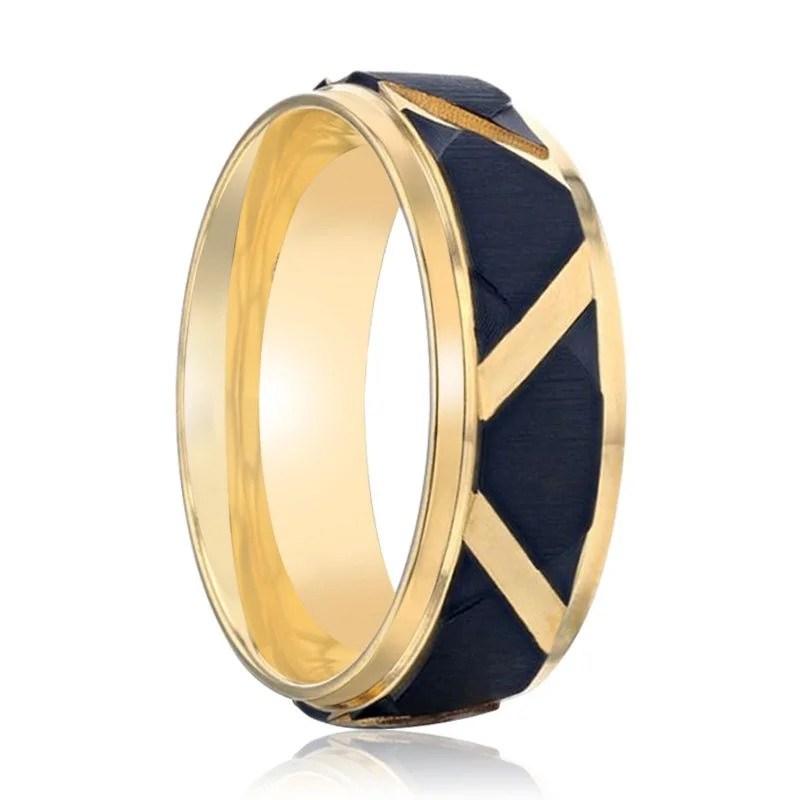 Large stone ladies rings for women-FLEMING | Gold Titanium Ring Matte Black Raised Horizonta