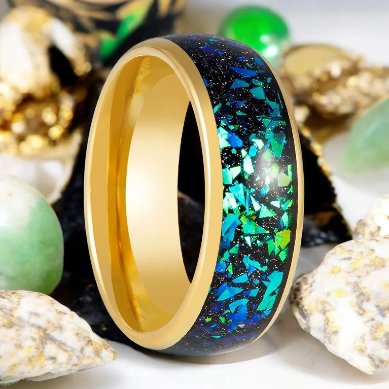 Large stone ladies rings for women-ABALUX | Gold Tungsten Ring, Abalone Shell & Green Opal Inlay, Domed