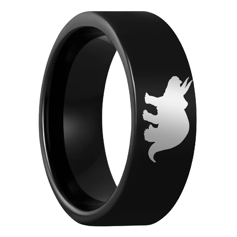 Solitaire ladies rings with diamonds-Triceratops Dinosaur Black Tungsten Men's Wedding Band