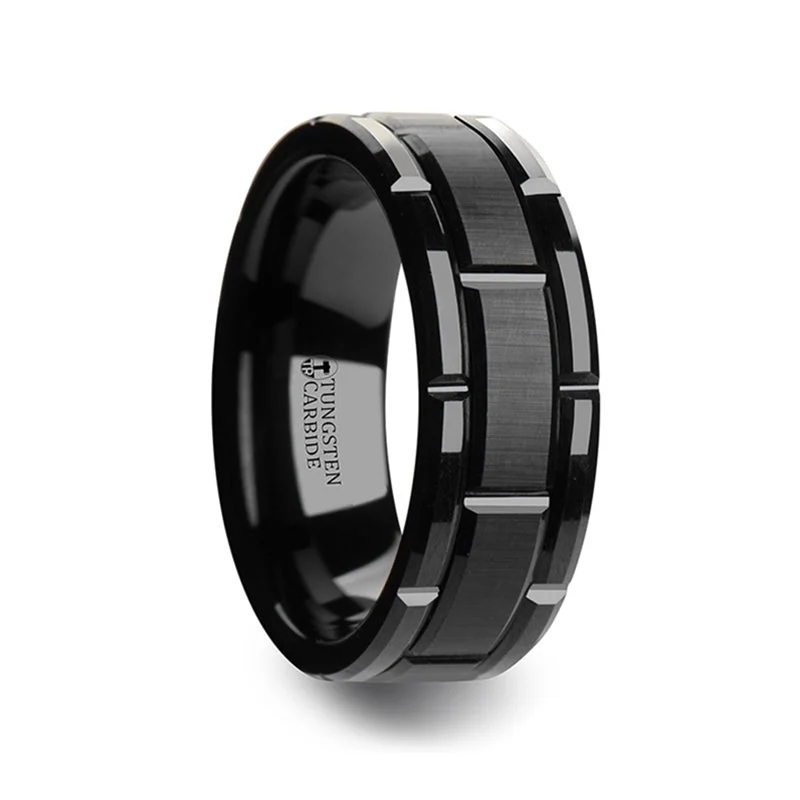 Fashionable ladies rings with pearls-Black Tungsten Men's Wedding Band with Grooved Pattern