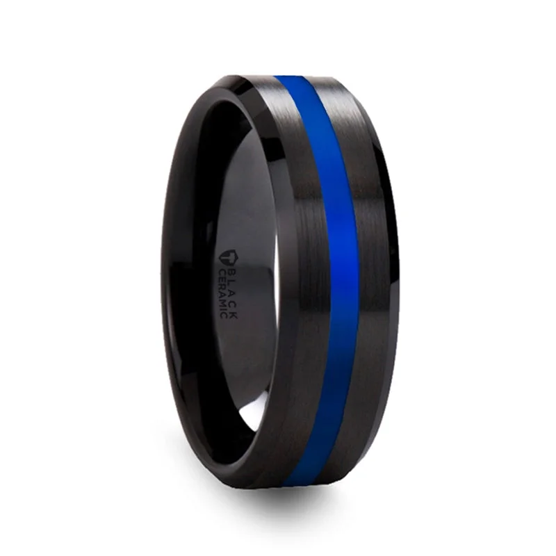 Wedding rings for women-Black Ceramic Men's Wedding Band with Blue Stripe