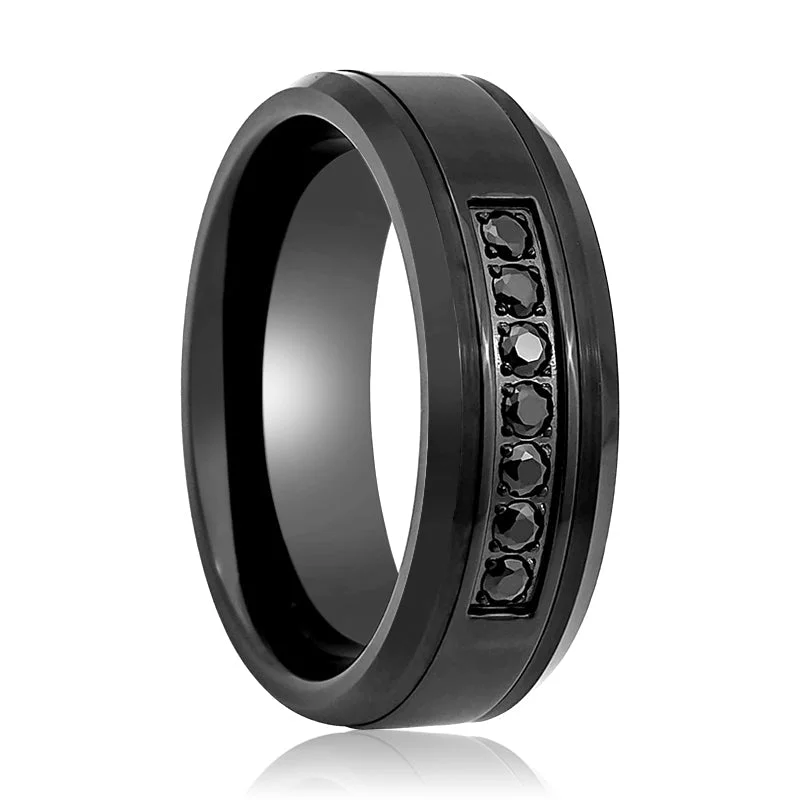 Modern ladies rings with sapphires-HORIZON | Tungsten Ring 7 Black CZ