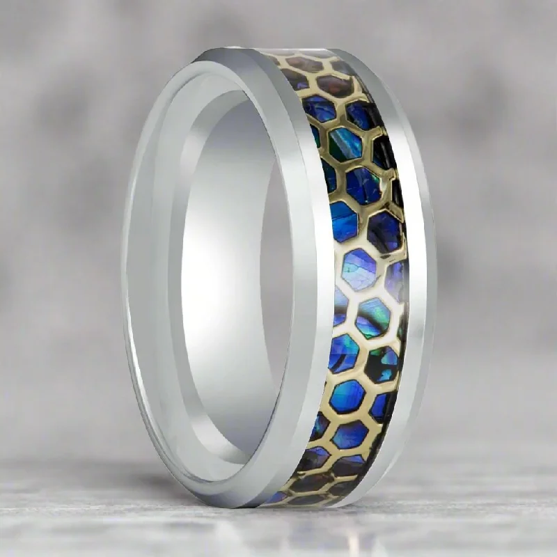 High-end diamond ladies rings-CHAZY | Silver Tungsten Ring, Honeycomb Abalone Inlay, Beveled Edge