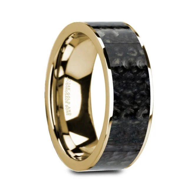 Stackable ladies rings for stacking-Blue Dinosaur Bone Inlay 14k Yellow Gold Men's Wedding Band