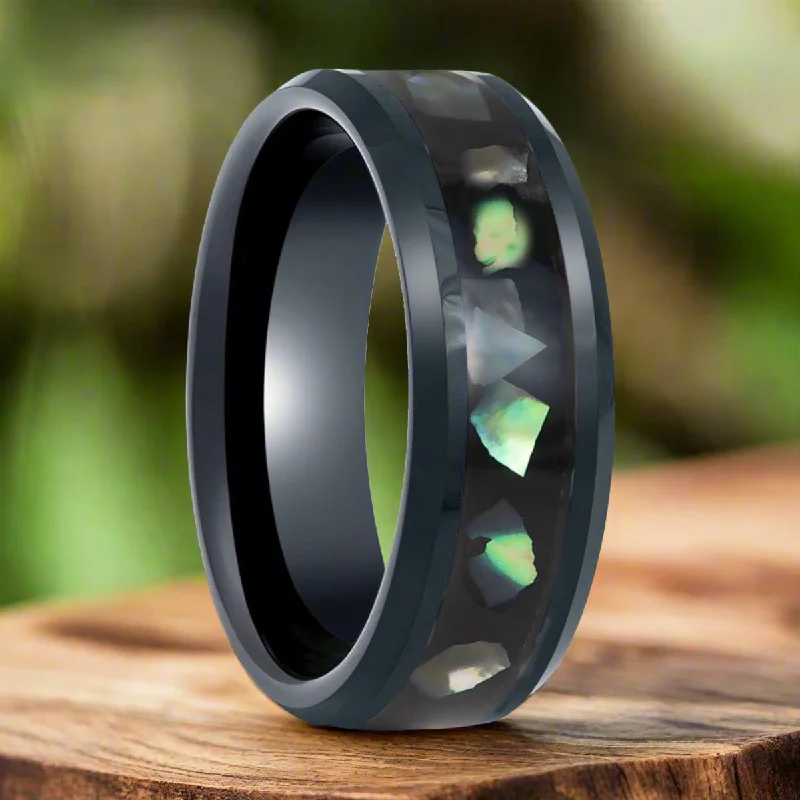 Elegant ladies rings for casual wear-ABALONX | Black Tungsten Ring, Black Resin & Abalone Shell Inlay