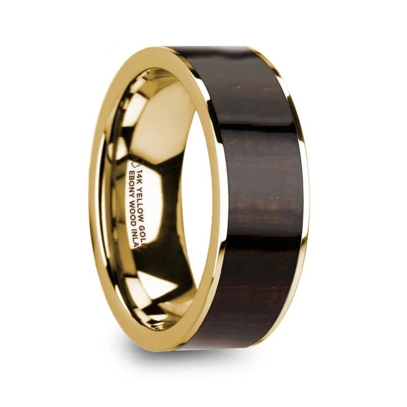 Black diamond ladies rings-Ebony Wood Inlay 14k Yellow Gold Men's Wedding Band