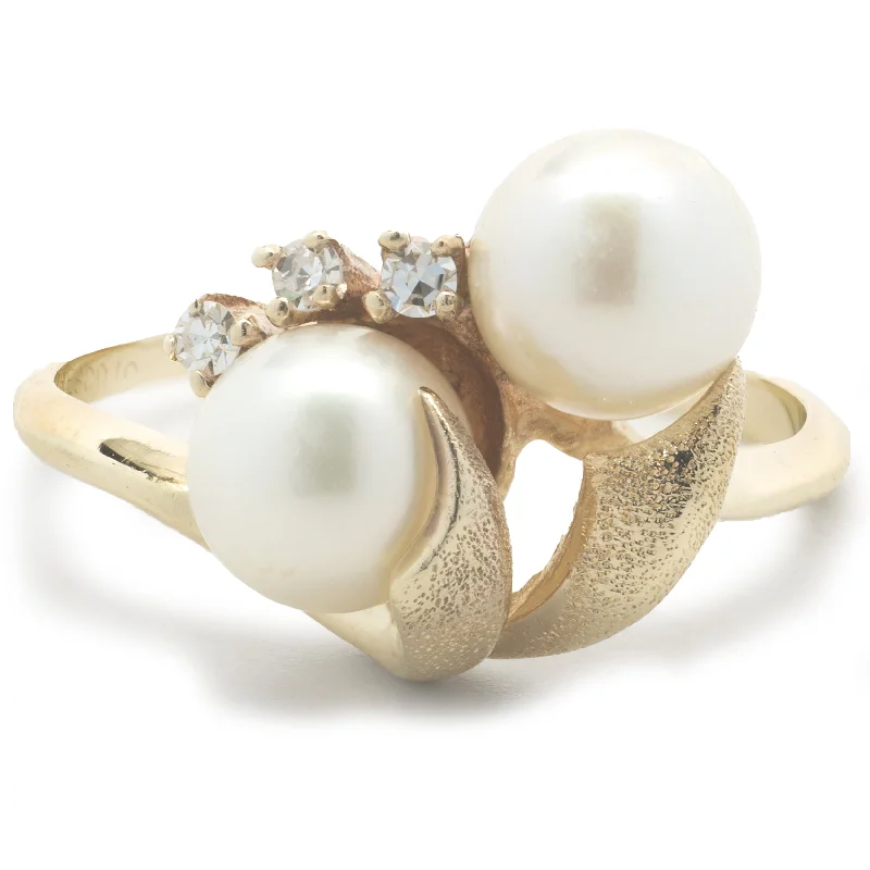 Stunning diamond engagement rings with halo-10 Karat Yellow Gold Vintage Double Akoya Pearl and Diamond Bypass Ring