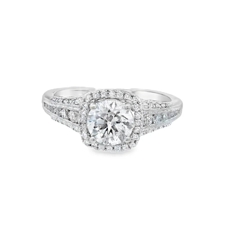 Engagement rings with platinum bands-14K White Round Diamond 0.80Ct Halo Engagement Ring