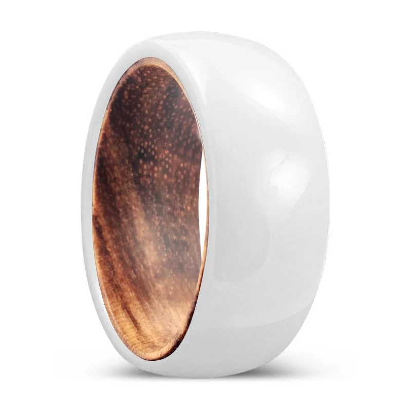 Simple gold ladies rings for women-ZEST | Zebra Wood, White Ceramic Ring, Domed