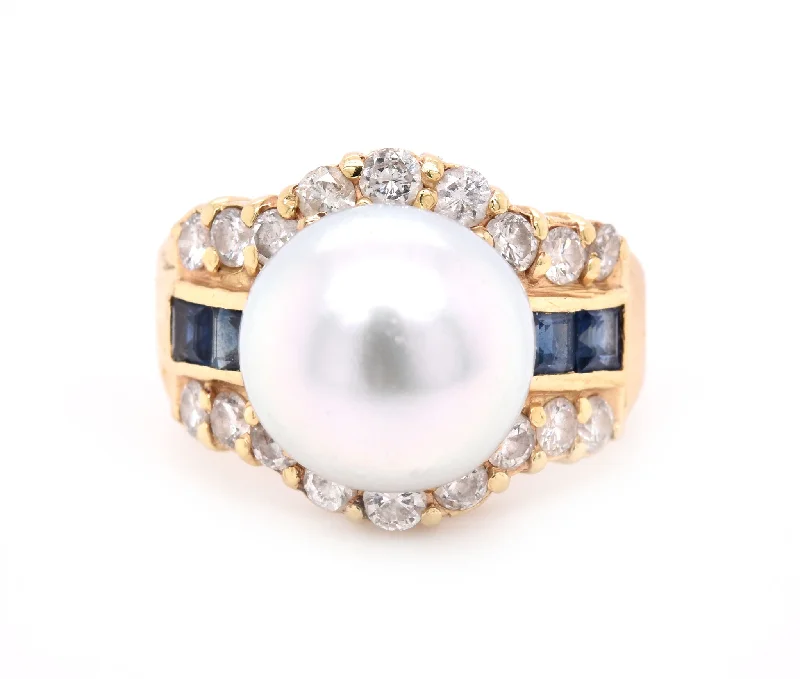 Engagement rings with ruby center stones-14 Karat Yellow Gold Pearl, Diamond, and Sapphire Fashion Ring