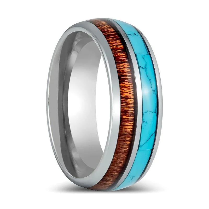 Ladies rings with large diamonds-TURKOA | Silver Tungsten Ring, Turquoise & Koa Wood Inlay, Domed