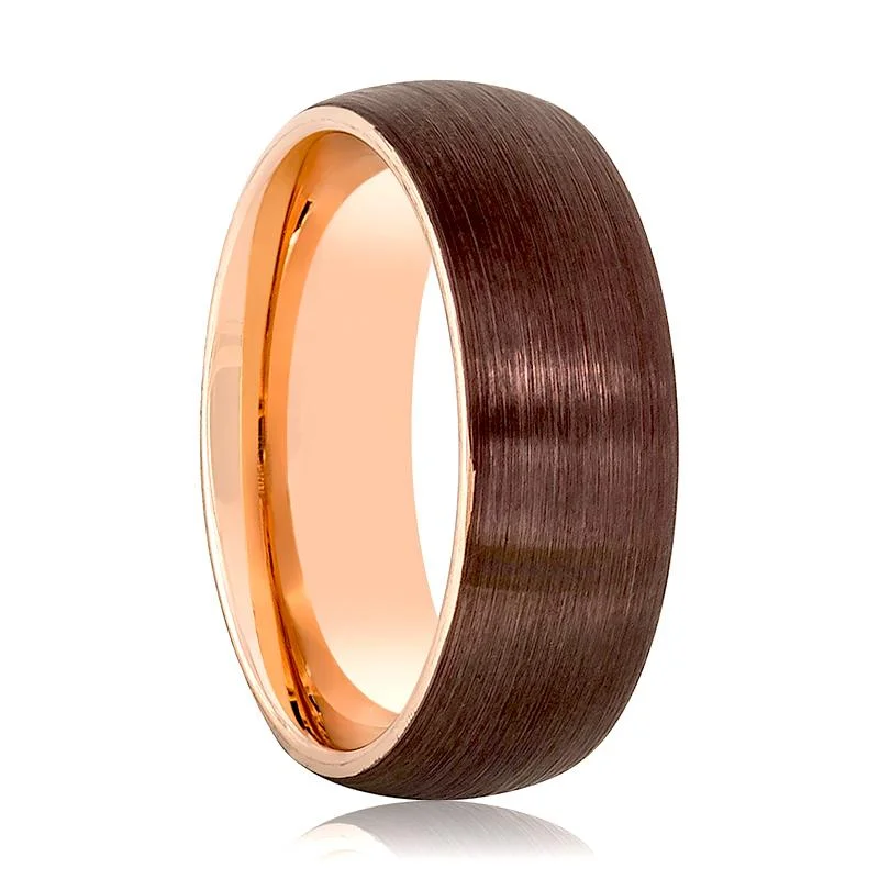 Ladies rings with birthstones for gifts-MARAR | Rose Gold Tungsten Ring, Brown Brushed, Domed