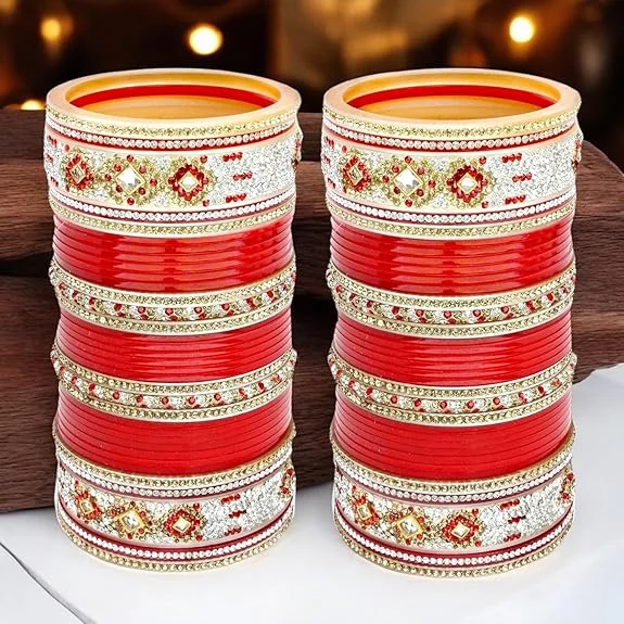 Stylish bangles for everyday wear-Tehzeeb Creations Bridal Bangle Set Designer Red Color Chuda Dulhan Punjabi Choora Fashion Wedding Chura for Women