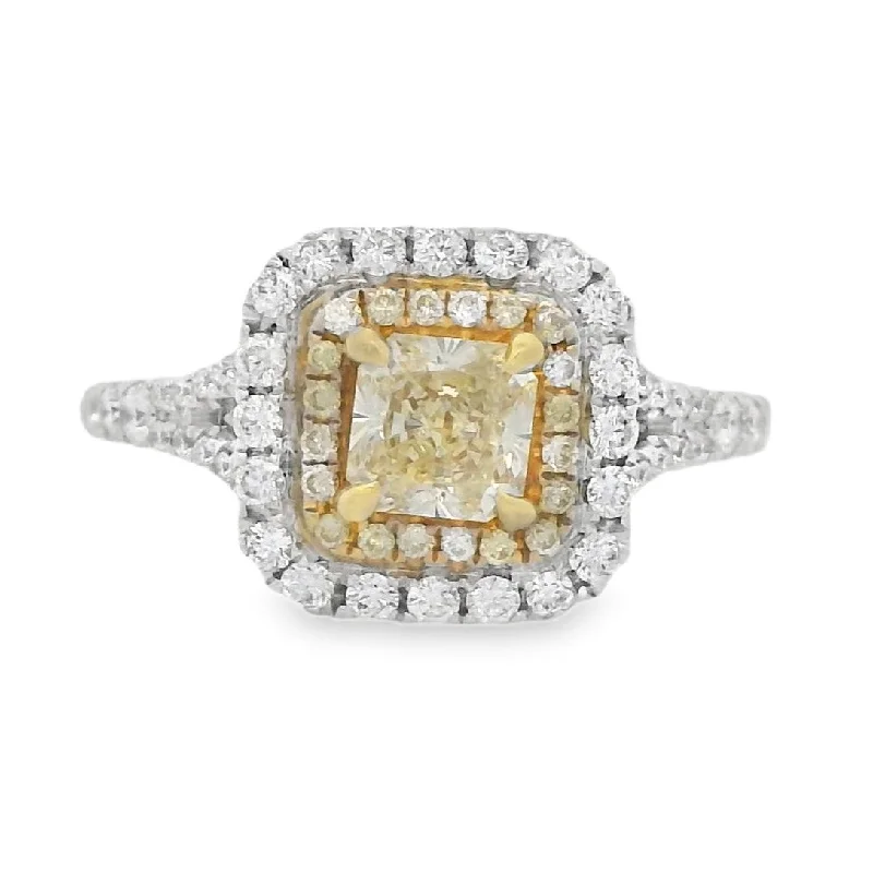 Vintage style engagement rings for women-18K Two- Tone Princess Yellow Diamond 0.62Ct Double Halo Engagement Ring