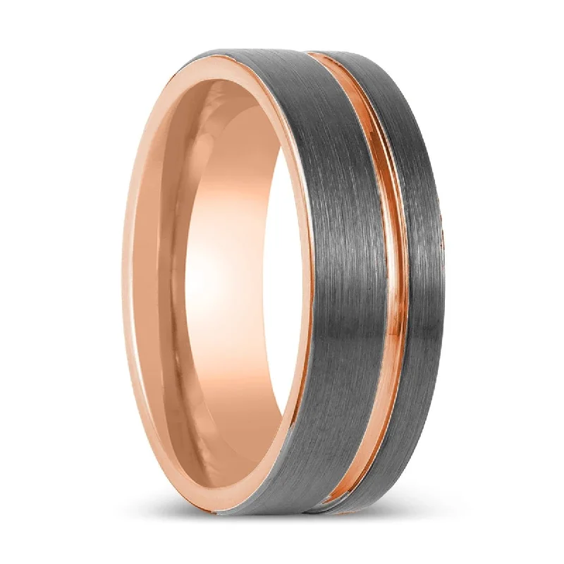 Simple ladies rings for everyday wear-KORAI | Gun Metal Tungsten Ring, Rose Gold Inside, Offset Rose Groove, Flat