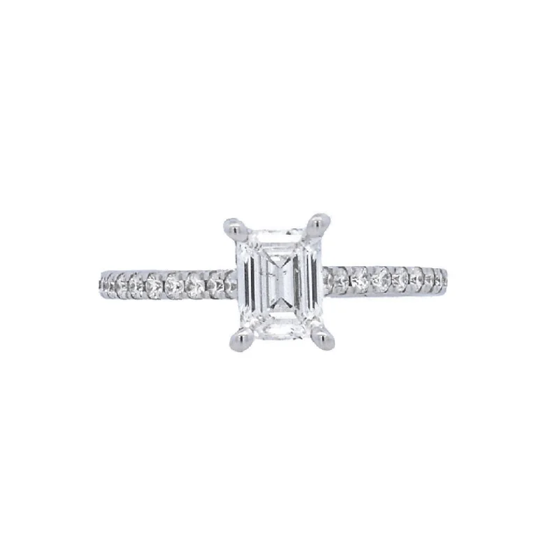 Engagement rings with halo setting for women-14K White Emerald- Cut Diamond Solitaire Engagement Ring