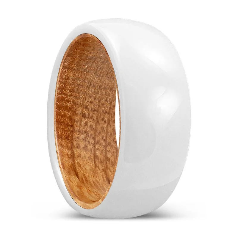 Ladies rings with large diamonds-THRIVE | Whiskey Barrel Wood, White Ceramic Ring, Domed