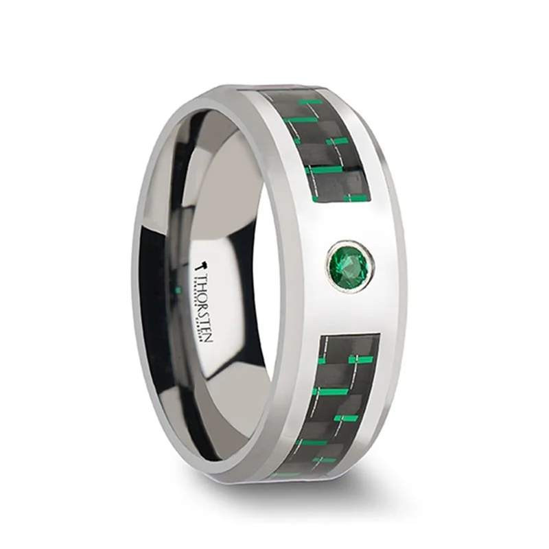 Vintage diamond ladies rings-Tungsten Wedding Band with Black & Green Carbon Fiber Inlay and Emerald