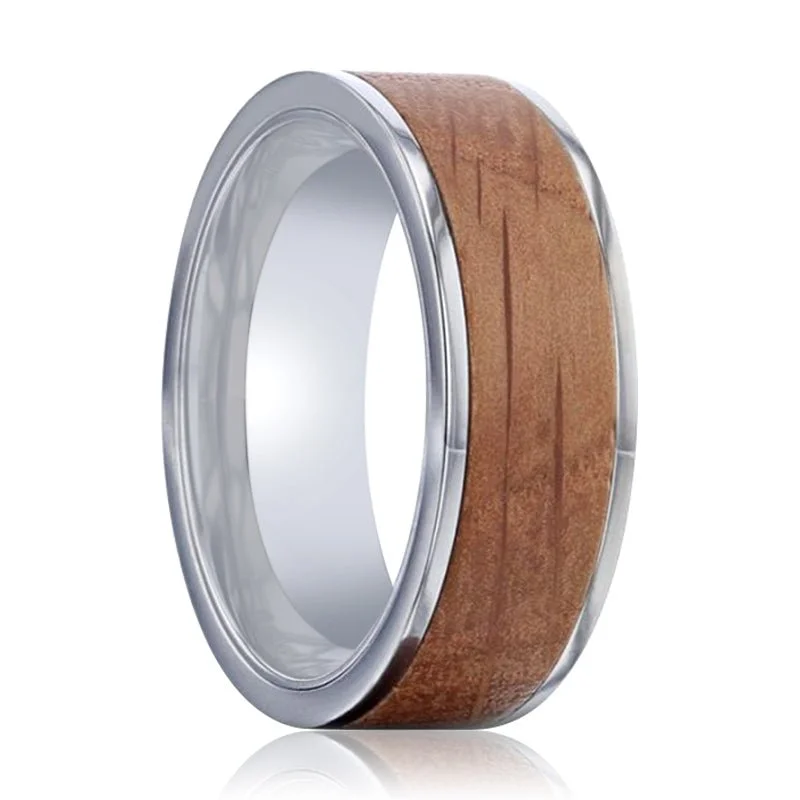 Affordable diamond ladies rings-STILL | Silver Titanium Ring, Whiskey Barrel Wood Inlay, Flat