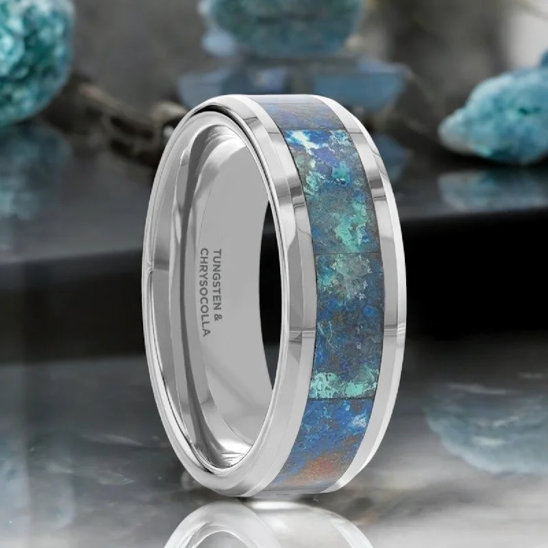 Contemporary ladies rings with stones-CALYPSO | Silver Tungsten Ring, Chrysocolla Inlay, Beveled