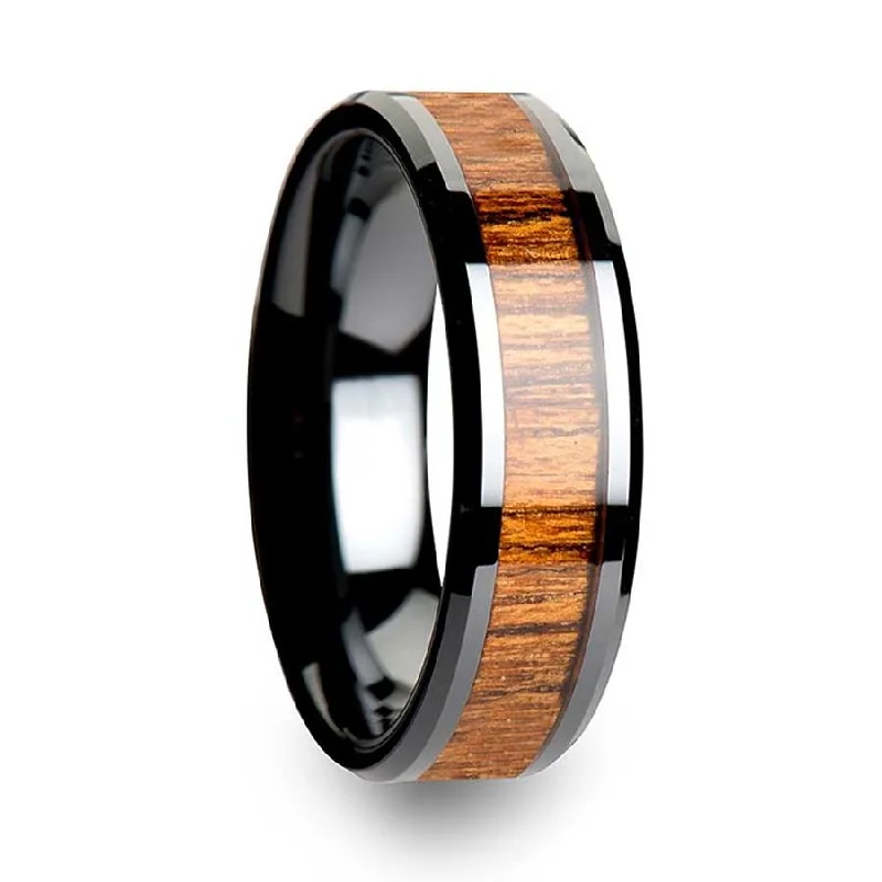 Elegant rings for ladies-Black Ceramic Men's Wedding Band with Teak Wood Inlay