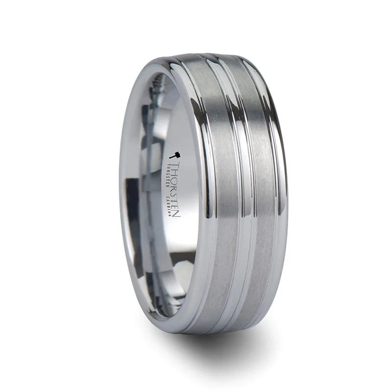 Custom engraved ladies rings-Triple Grooved White Tungsten Men's Wedding Band