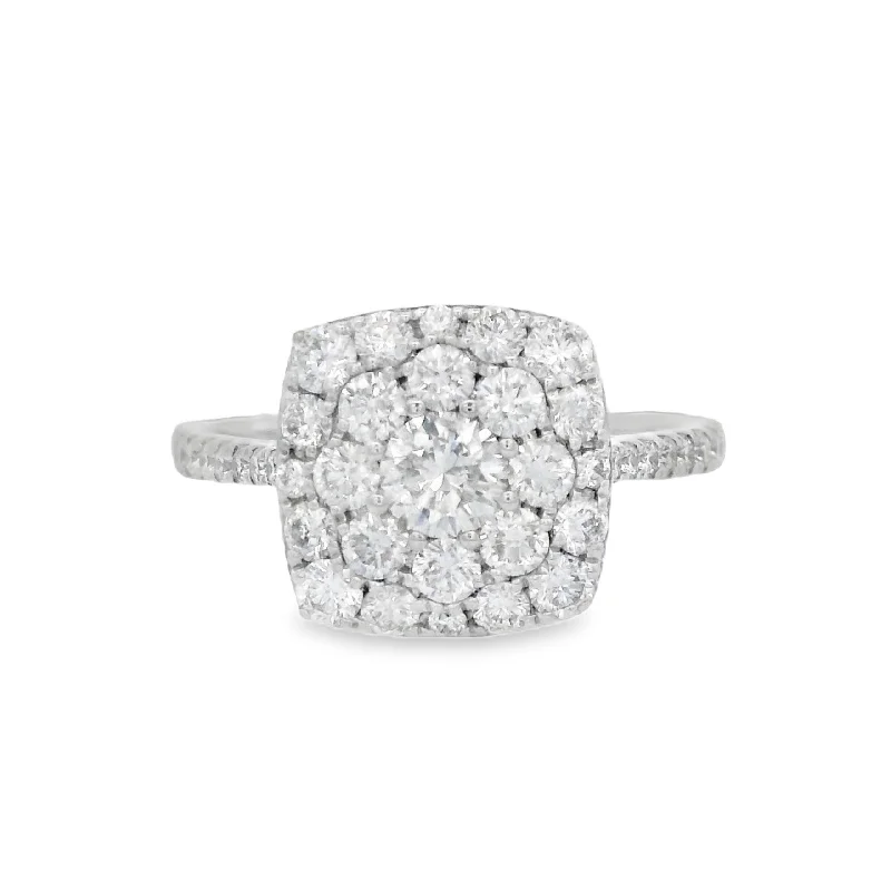 Custom engagement rings with engraving-18K White Round Diamond 1.25Ct Cluster Engagement Ring