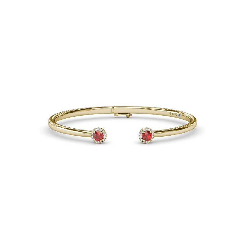 Personalized ladies bangle bracelets-Halo Ruby and Diamond Bangle