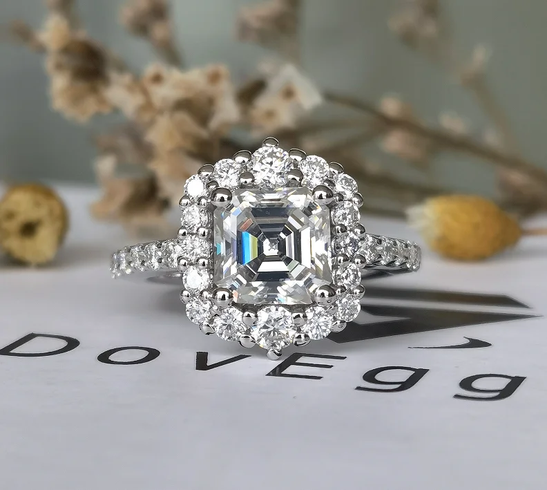 Affordable engagement rings for first-time buyers-DovEggs sterling silver 2 carat halo asscher moissanite engagement ring