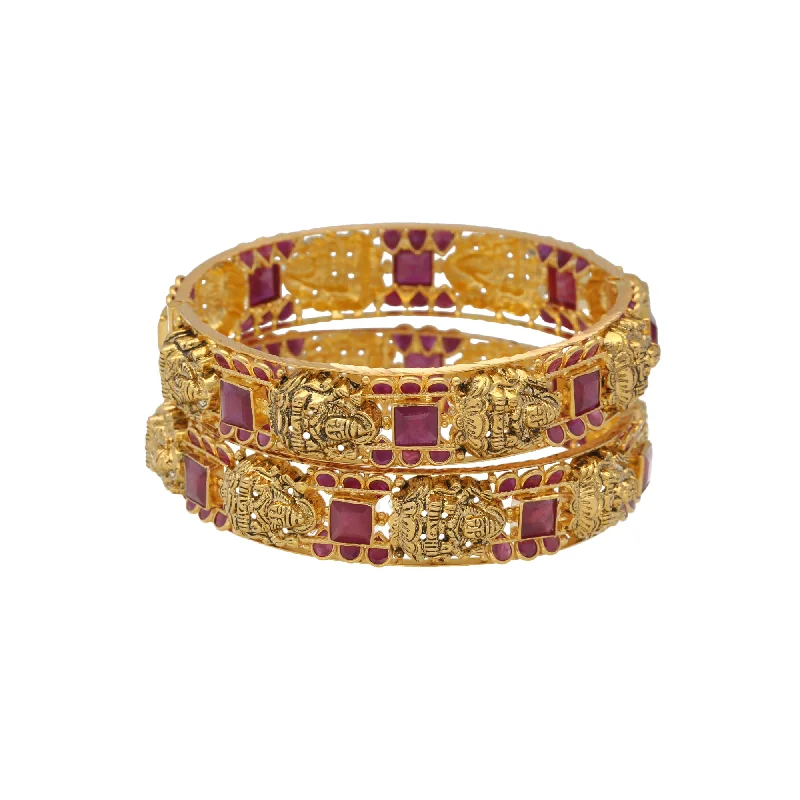 Simple silver bangles for ladies-22K Yellow Gold & Ruby Temple Bangle Set (56.8gm)