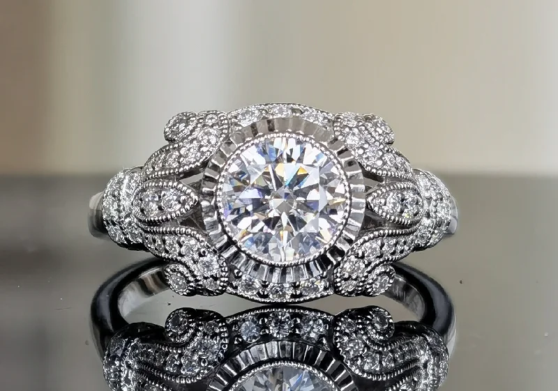 Affordable custom engagement rings-DovEggs sterling silver 1 carat vintage round moissanite engagement ring