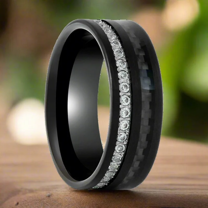 Ladies rings with sapphires and diamonds-REACTOR | Black Tungsten Ring, Black Carbon Fiber and Eternity White CZ Inlay