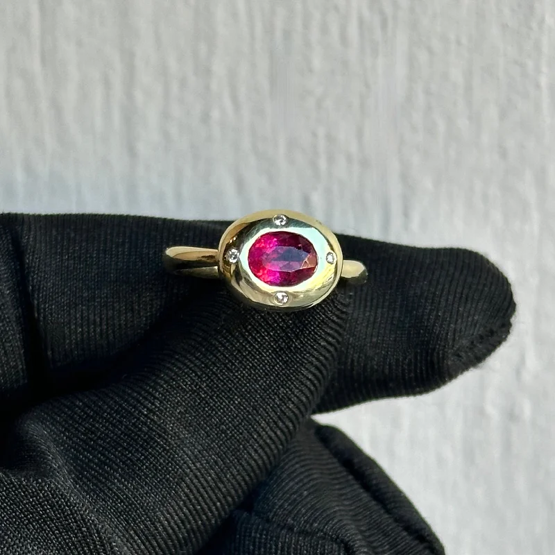 Affordable engagement rings with diamond solitaires-14K Yellow Gold Vintage Pink Tourmaline and Diamond Ring – Bezel Set with Burnish Set Diamonds