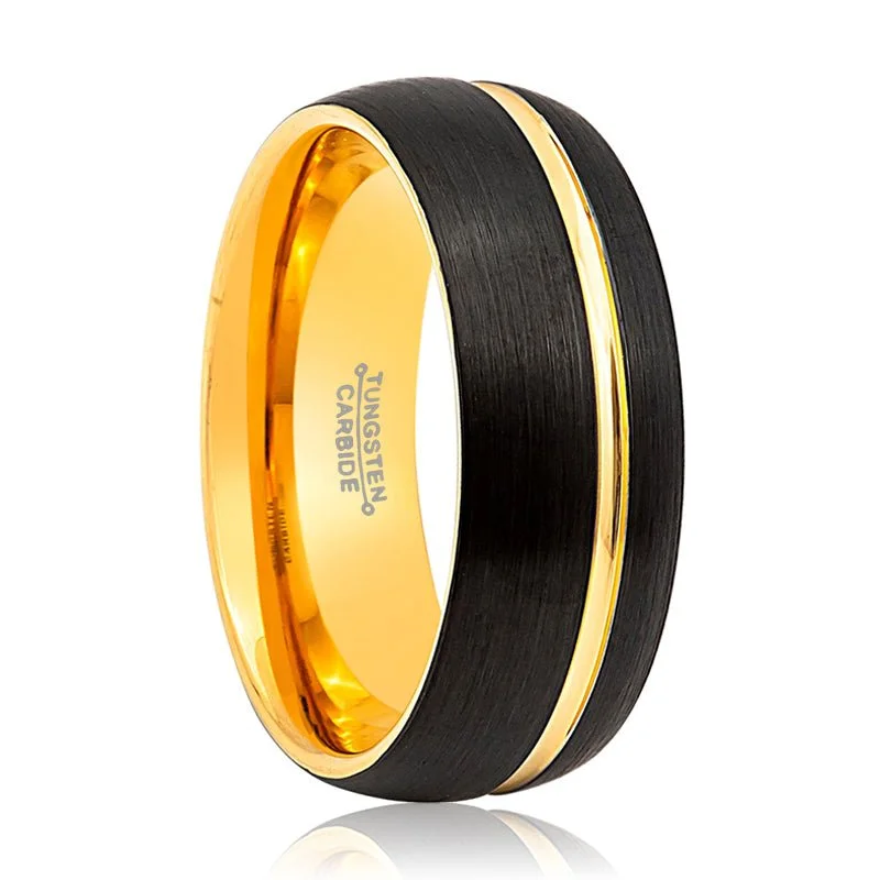 Affordable platinum ladies rings-SUPERSONIC | Tungsten Ring Yellow Gold Groove