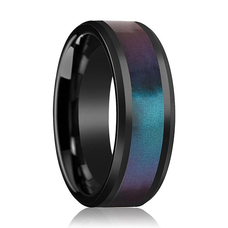 Ladies rings with birthstones for gifts-BARRACUDA | Black Ceramic Ring, Blue & Purple Color Changing Inlay, Beveled