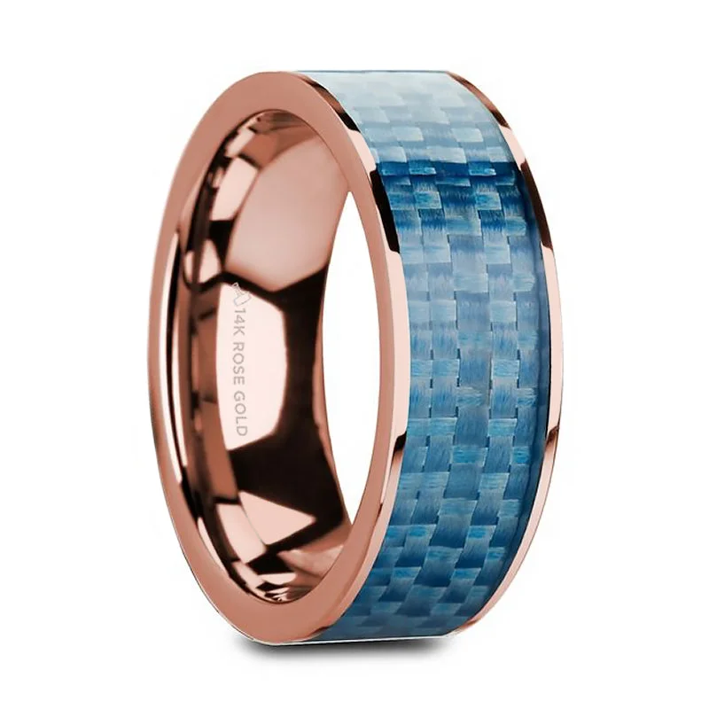 Ladies rings with birthstones-Blue Carbon Fiber Inlay 14k Rose Gold Men's Wedding Band