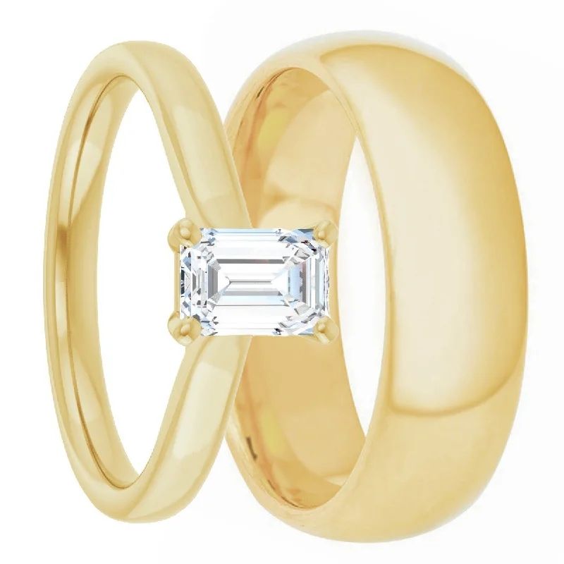 Simple solitaire diamond engagement rings-14k Yellow Gold & Lab-Created Emerald-Cut Diamond Couple's Matching Wedding Band Set