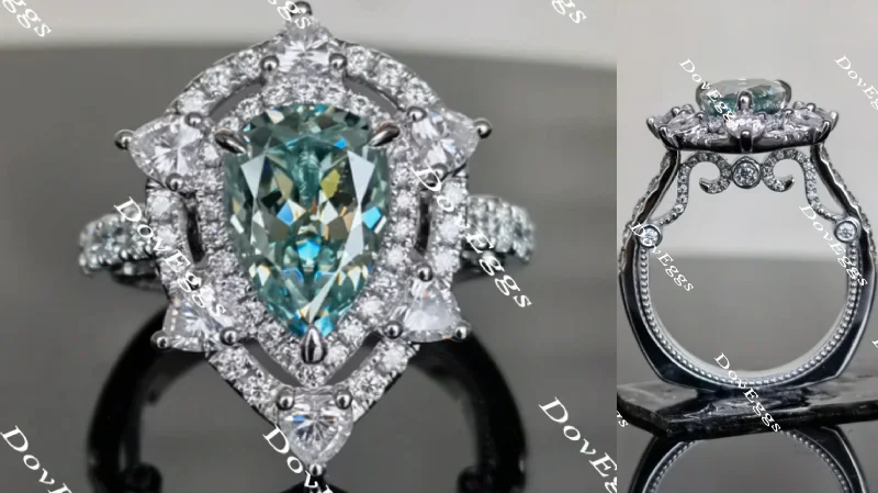 Classic gold engagement rings for women-DovEggs Peacock blue vintage halo pear moissanite engagement ring