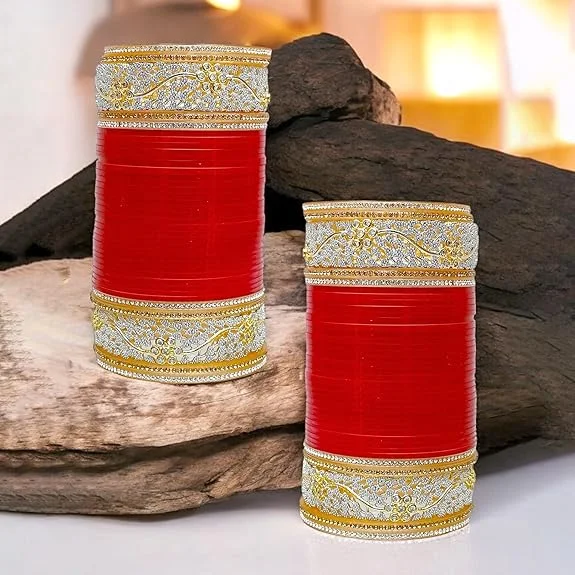 Statement bangle bracelets for women-Tehzeeb Creations Bridal Bangle Set Red Color Chuda Dulhan Punjabi Choora Wedding Chura For Women