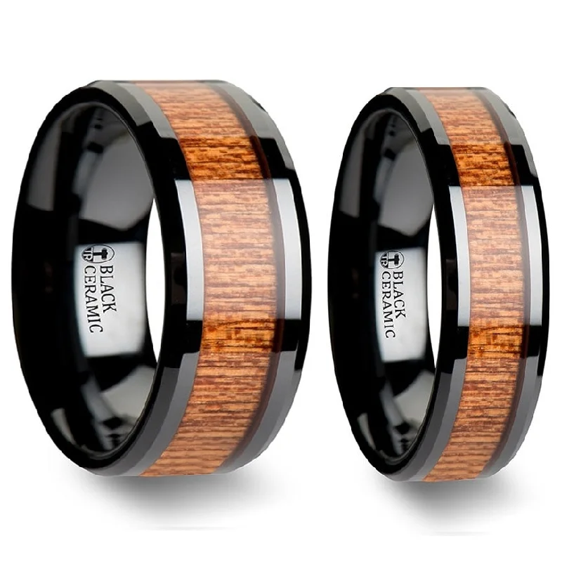 Antique ladies rings with gemstones-African Sapele Wood Inlaid Black Ceramic Couple's Matching Wedding Band Set