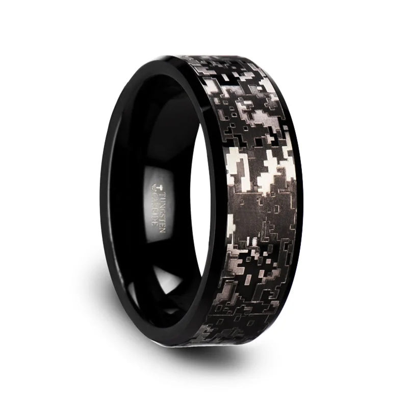 Modern ladies rings with sapphires-Digital Camouflage Black Tungsten Men's Wedding Band