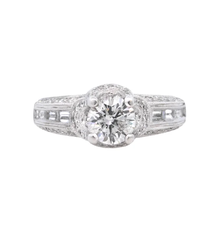 Affordable custom engagement rings-14K White Round Diamond 1.00Ct Vintage Engagement Ring