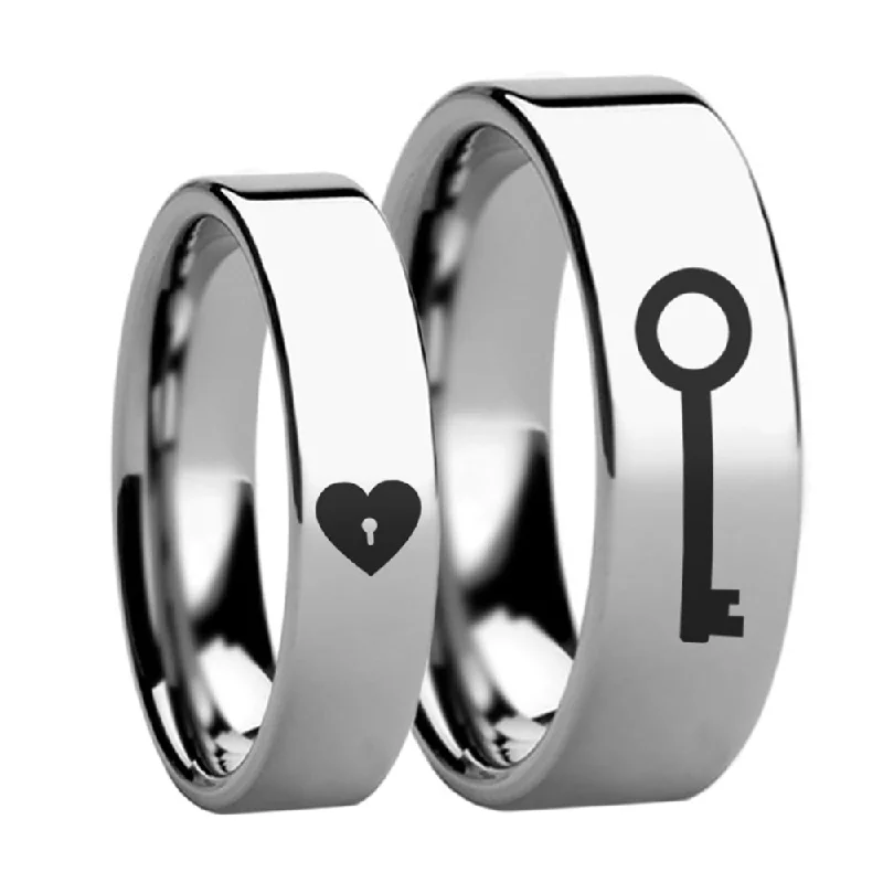 Precious stone ladies rings-Heart Lock & Key Tungsten Couple's Matching Wedding Band Set