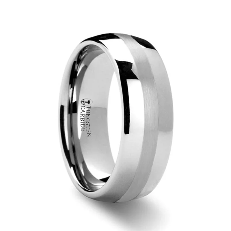 Fancy design ladies rings for everyday-Domed Tungsten Men's Wedding Band with Platinum Inlay