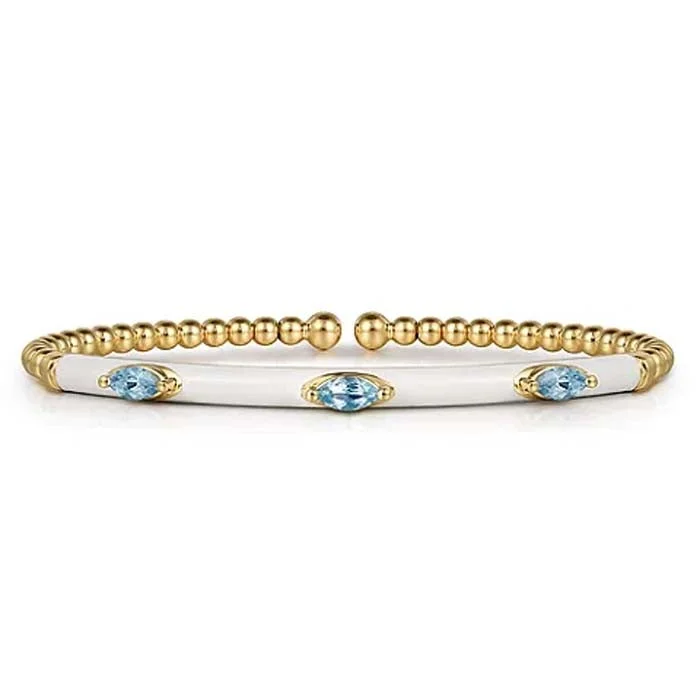 Trendy bangle bracelets for parties-Gabriel & Co. White Enamel Bujukan Split Bangle with Blue Topaz in 14K Yellow Gold