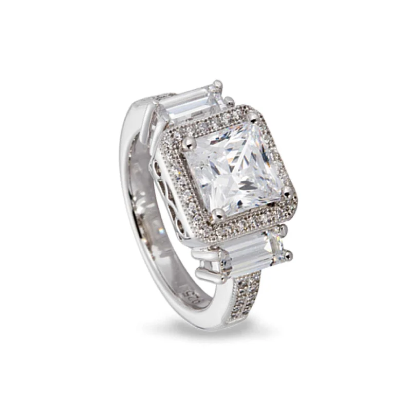 Sparkling engagement rings with cushion diamonds-Sterling Silver Princess Cut Women's Ring with 51 Simulated Diamonds