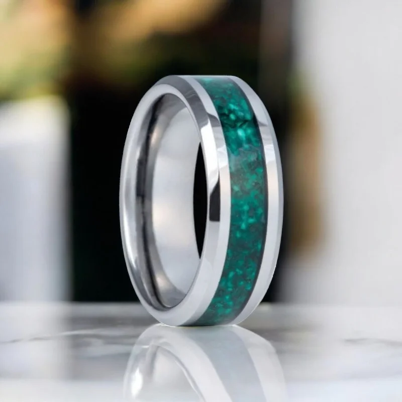 Affordable platinum ladies rings-VERDORA | Silver Tungsten Ring, Green Agate Inlay, Beveled