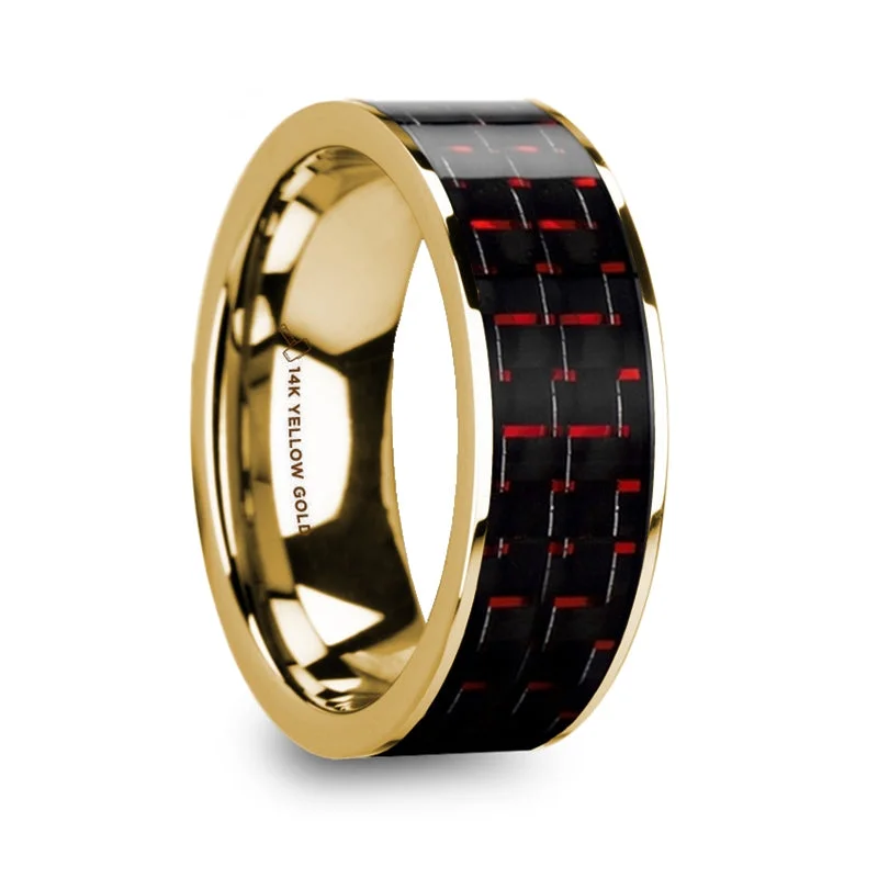 High-quality ladies rings for weddings-14k Yellow Gold Men's Wedding Band with Black & Red Carbon Fiber Inlay